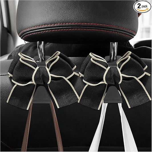 2 PCS Car Seat Headrest Hooks, Adorable Bow Knot Storage Hooks Multipurpose Vehicle Headrest Organizer, Auto Seatback Bowknot Hanger Interior Decoration for Car Truck SUV (Black & White)
