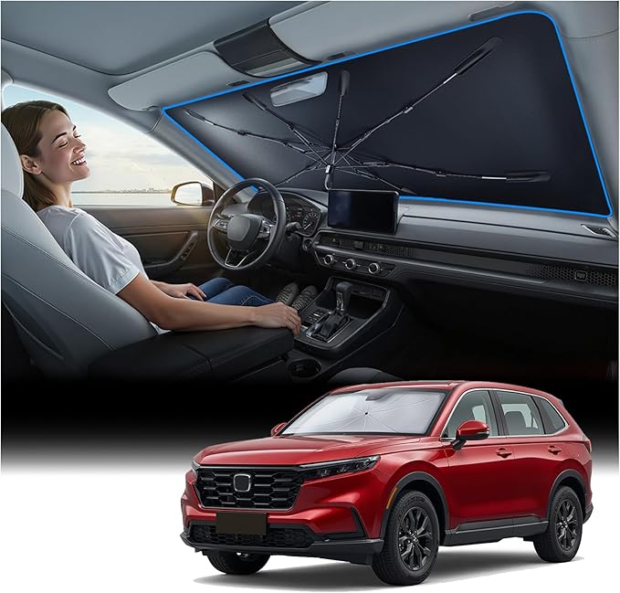 Nmoiss Windshield Sun Shade Umbrella for Honda CRV - [Vinyl Coating Heat Shield] Protect Car from Sun Rays & Heat Damage Keep Cool and Protect Interior, Spring Structure Edge