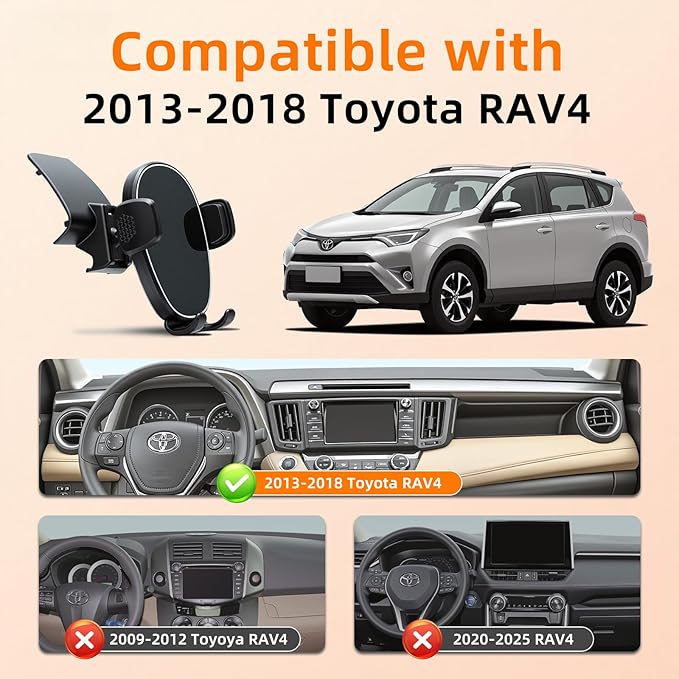 Phone Holder for Rav4 (2013-2018), 360° Adjustable Dashboard Phone Mount, Hands Free Mobile Holder for Toyota Rav4, Car Mount for iPhone, Samsung & Android, Uber Accessories for Car, Black