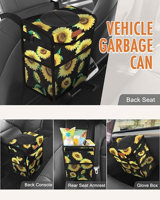 Car Trash Can with Lid, Cute Leakproof Car Trash Garbage Bag Hanging Vehicle Trash Bin Small Portable Automotive Garbage Cans Organizer for Back/Front Seat/Console(2.8 Gallons,Sunflower)