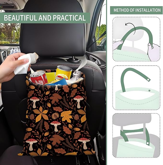 Cute Car Trash Can, Hanging Canvas Car Back Seat Organizer and Storage Bag, Funny Car Trash Bag for Travelling, Outdoor Cute Boho Mushroom Leaf