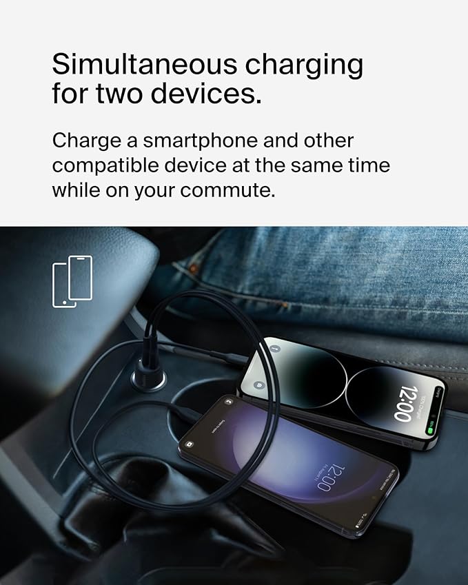Belkin BoostCharge Dual Car Charger 42W w/Fast Charge USB-C 30W PPS & 12W USB-A Ports + USB-C to Lightning Cable for Apple iPhone 16, Pro, Pro Max, iPhone 15, & More - Black