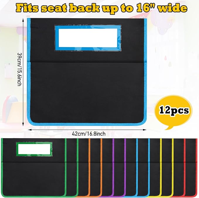 AZKAQA Chair Pockets for Classroom 15.6x16.8 Inch - 12 Pack Chairback Buddy Pocket Chart Seat Back Organizer Student Storage with Lable Slot for Classroom Kindergarten School Home (Multicolors)