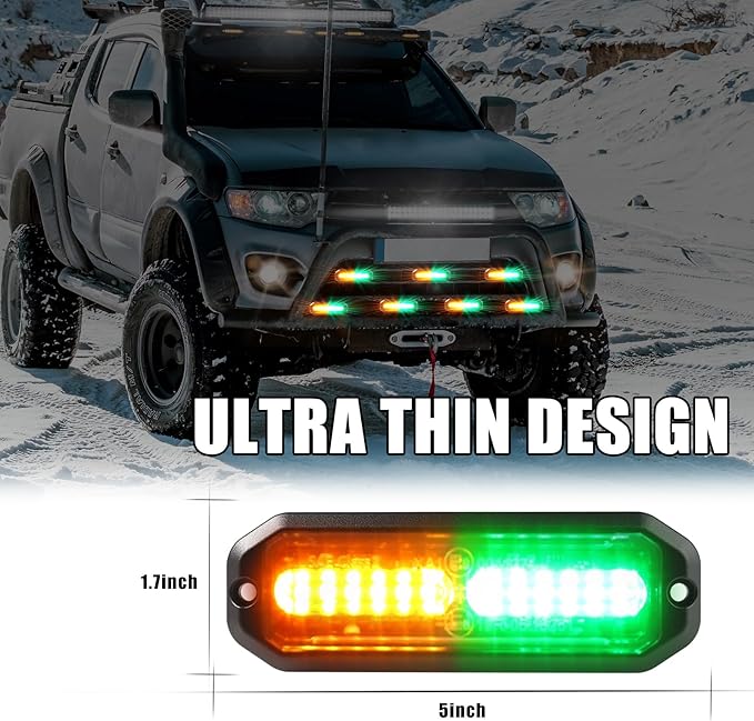 WINECO Green/Amber led strobe lights for trucks 8pcs 12-LED Surface Mount Flashing Strobe Lights kit for Trucks Car Vehicles LED Mini Grille Grill Strobe Light Head Emergency Hazard Warning lights