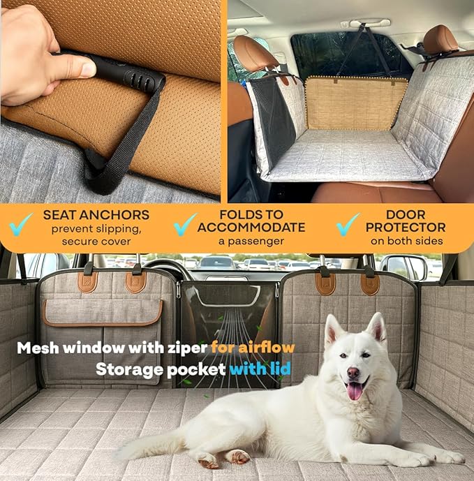 APetsPlanet Backseat Extender for Dogs, Dog Seat Cover Hard Bottom for Car Backseat & Truck Travel Bed, Platform Hammock Mat Converts Rear Seat Into Backseat Bed, Grey with Door Covers