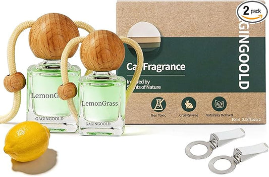 Car Air Freshener Hanging 2 Pack, Lemon Grass Scent Essential Oil Diffuser Long Lasting Up to 150 Days, Cute Car Accessories with 2 Vent Clip for Women Men Gift, Odor Eliminator