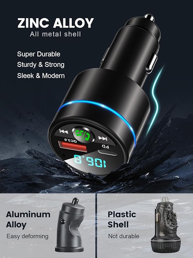 RIWUSI FM Transmitter for Car Bluetooth 5.3, [All-Metal] PD 30W & QC3.0 18W Fast Car Charger, Wireless FM Radio Kit Bluetooth Car Adapter, Noise Cancelling Hands-Free Call, Blue Light - Black