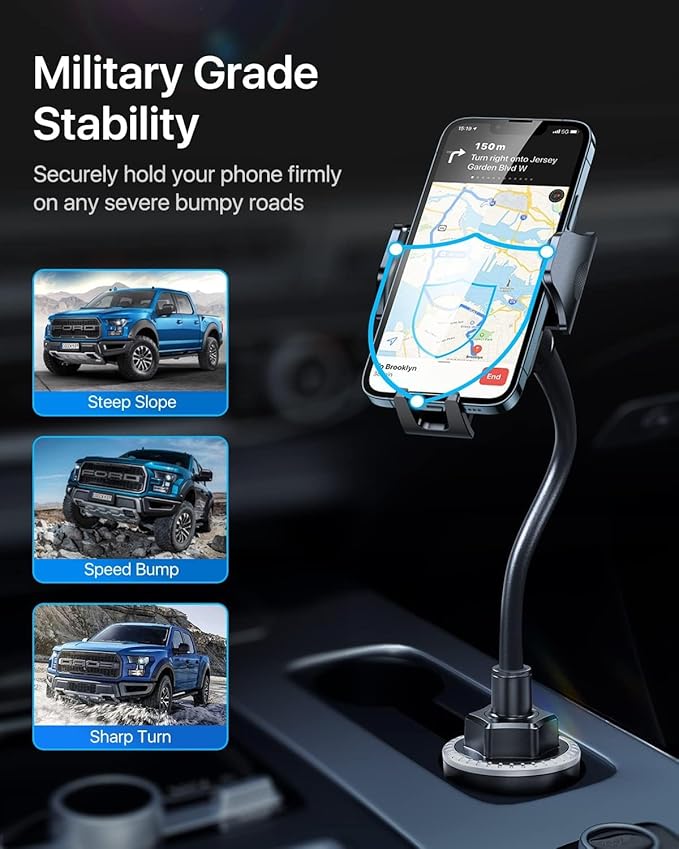 andobil Military-Grade Cup Phone Holder for Car/Truck, [2026 Enhanced] 13" 360° Adjustable Gooseneck w/Anti-Shake Car Mount, Universal Car Phone Holder for iPhone/Samsung/Pixel All 4.0-7.0" Devices