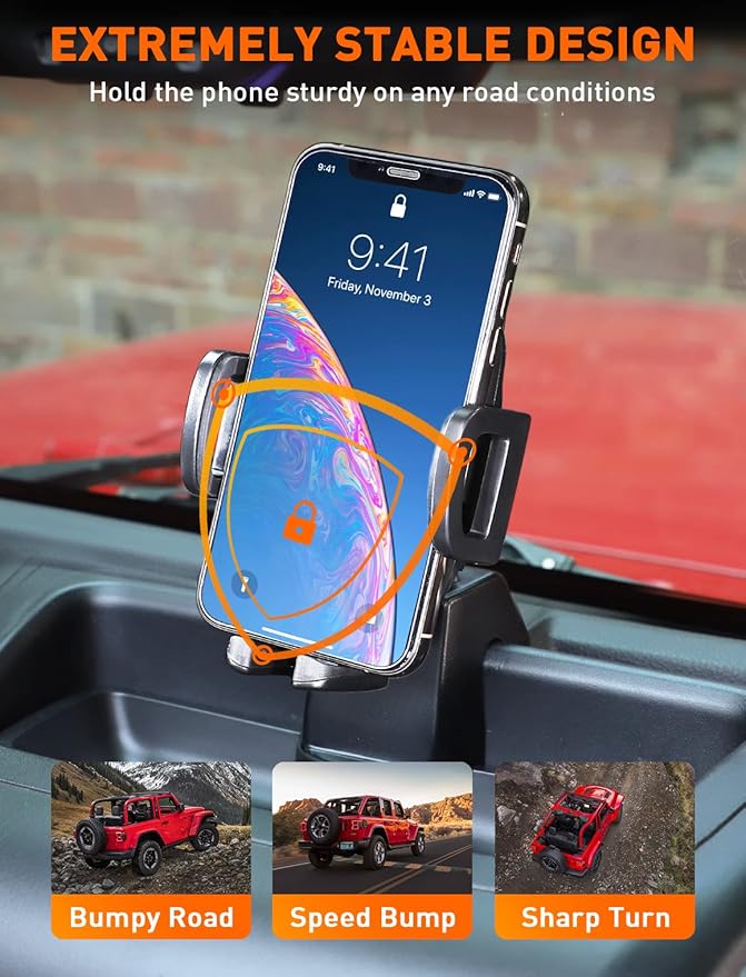 Savadicar Dash Phone Mount, Easy Clamp Smart Cell Phone Holder Compatible with 2011 2012 2013 2014 2015 2016 2017 2018 Jeep Wrangler JK JKU, Interior Accessories, Black