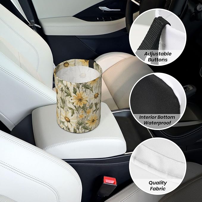 Car Trash Can Wood Grain Daisy Pattern Multipurpose Collapsible Leakproof Trash Bin Car Accessories for Car Automotive Truck SUV
