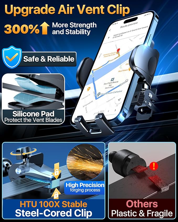 HTU 2026 Upgraded [True Military-Grade] Car Phone Holder【Safety Certs & No Smell】 Cell Phone Holder for Car Mount for Dashboard Windshield Air Vent Long Arm Thick Case,Black