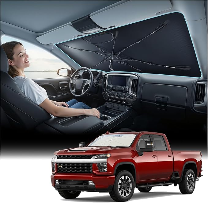 Nmoiss Windshield Sun Shade Umbrella for GMC Silverado - [Vinyl Coating Heat Shield] Protect Car from Sun Rays & Heat Damage Keep Cool and Protect Interior, Spring Structure Edge