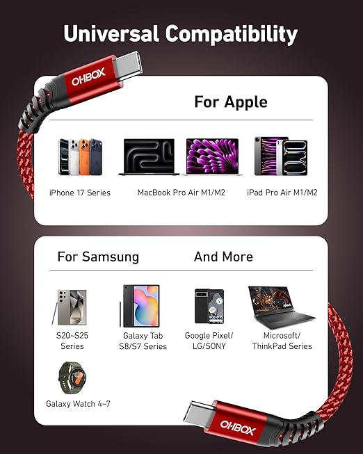 USB C to USB C Cable 60W [2Pack 6FT], USB Type C Fast Charging Cable for Car Durable Braided iPhone USB-C Cable USBC to USBC Cord for iPhone 17/16/15/Pro Max/Plus, Samsung Galaxy S23 and More-Red