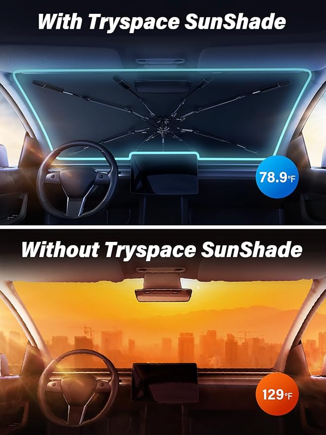 TrySpace Car Windshield Sun Shade Umbrella - [Silver Heat Shield & UV Reflective] Protector for Cars, Universal Fit Small (53" L x 31" W) | 25°F Cooler, Friendly Vinyl Coatings