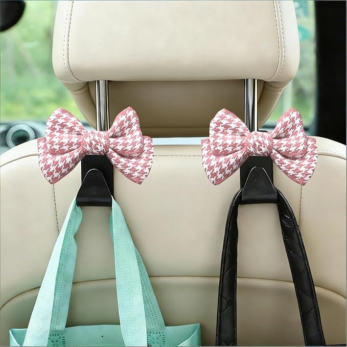 2PCS Car Seat Headrest Hooks, Cute Bow Vehicle Backseat Storage Hanger for Handbag Umbrella Coat, Auto Seat Back Hook Holder Organizer Decor, Universal for Vehicles (Small Pink Houndstooth)
