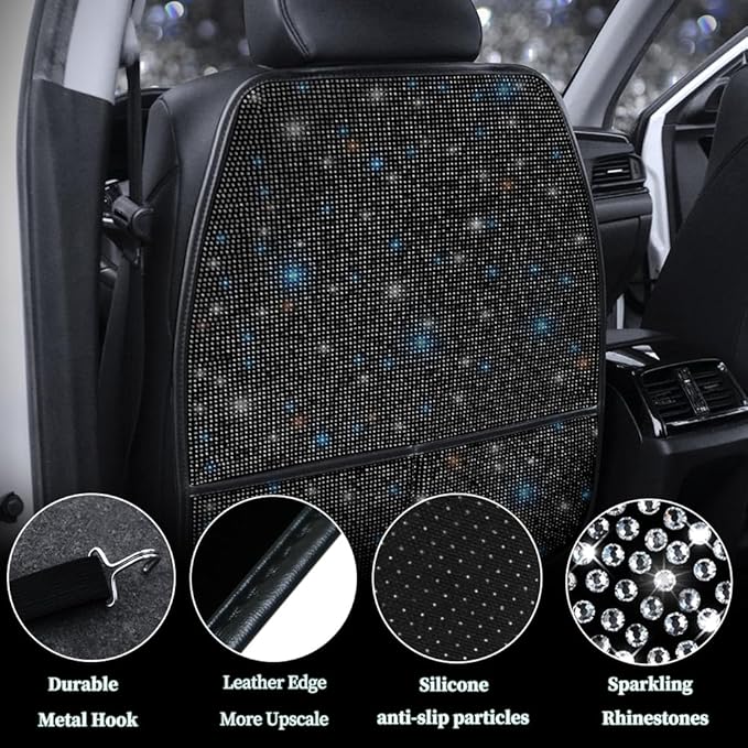 Diamond Bling Car Seat Kick Mats with Storage – Back Seat Protectors with Sparkly Rhinestones for Girls & Women, Crystal Kick Covers for Automotive Interior Accessories Black 2pcs