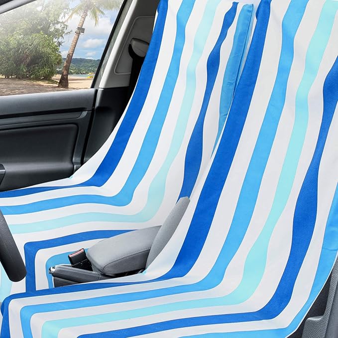 Hahafelt 2 Pack Car Seat Towel Covers with Storage Bag 63 x 32 Inch Athletic Running Towel Seat Sweat Washable Non Slip Cover Gift for Car Outdoor Sport Activities (Blue Vertical Stripes)