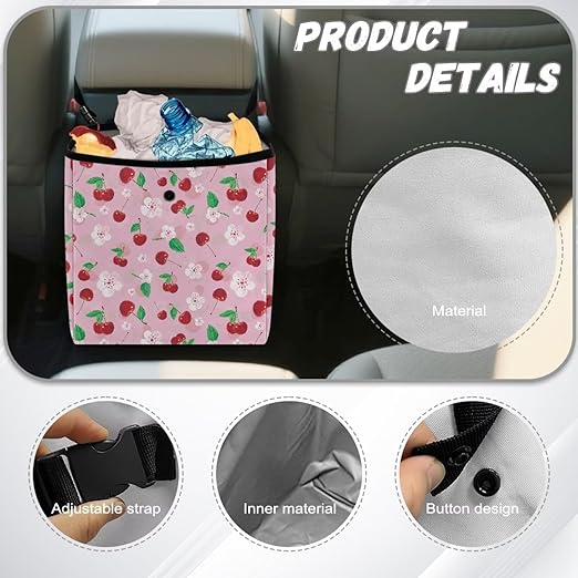 Cherry Blossom Car Trash Can Hanging Trash Bin Leak-Proof Collapsible Car Garbage Bag, Cherries Car Accessories 2 Gal Large Capacity Multipurpose Storage Container Pink