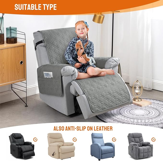 VANSOFY 100% Waterproof Recliner Chair Covers, Recliner Cover Non-Slip Dog Chair Cover Furniture Protector Washable Slipcover with Pocket, Elastic Straps for Pets, Dogs(Gray, 28")