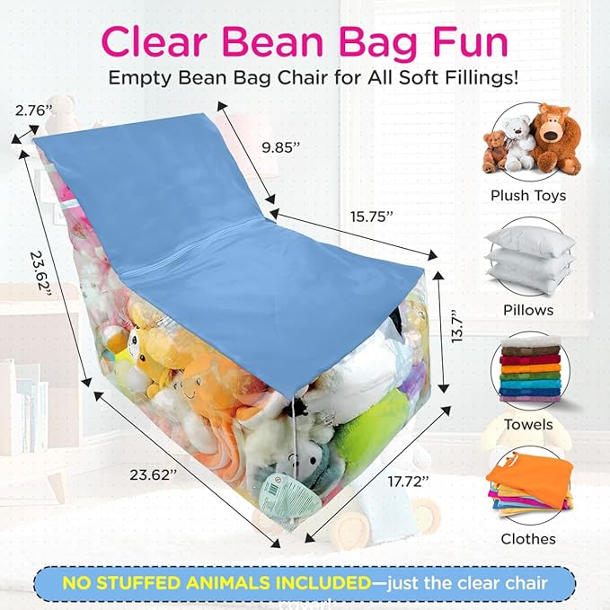 Stuffed Animal Storage Chair – Clear Bean Bag for Stuffed Animals, Toy Organizer Seat with PVC Window & Non-Slip Base for Kids Playroom (Blue)