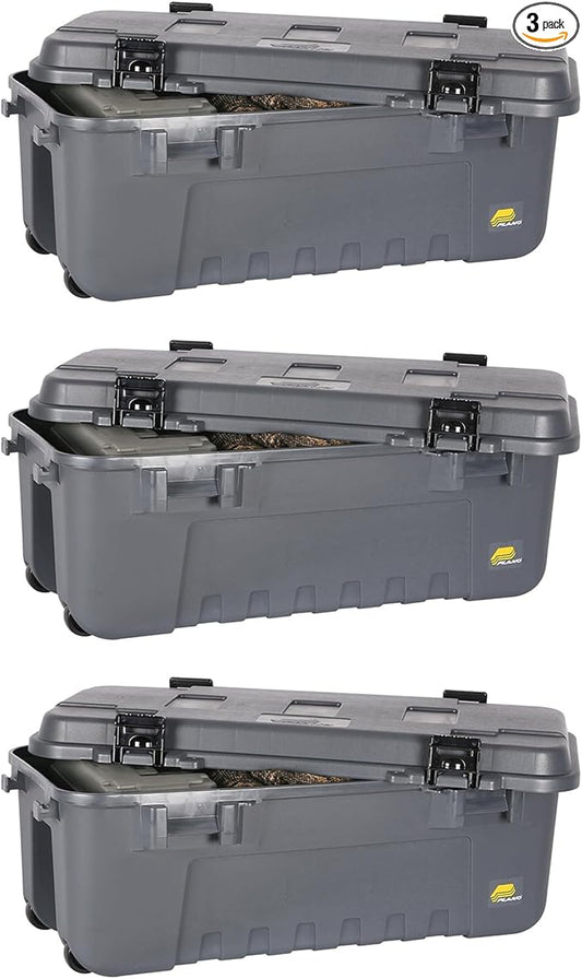 Plano 3 Pack Storage Trunk with Wheels, Gray, Lockable Storage Box, Airline Approved Sportsman Trunk, Hunting Gear and Ammunition Bin, Heavy-Duty Containers for Camping, 108-Quart