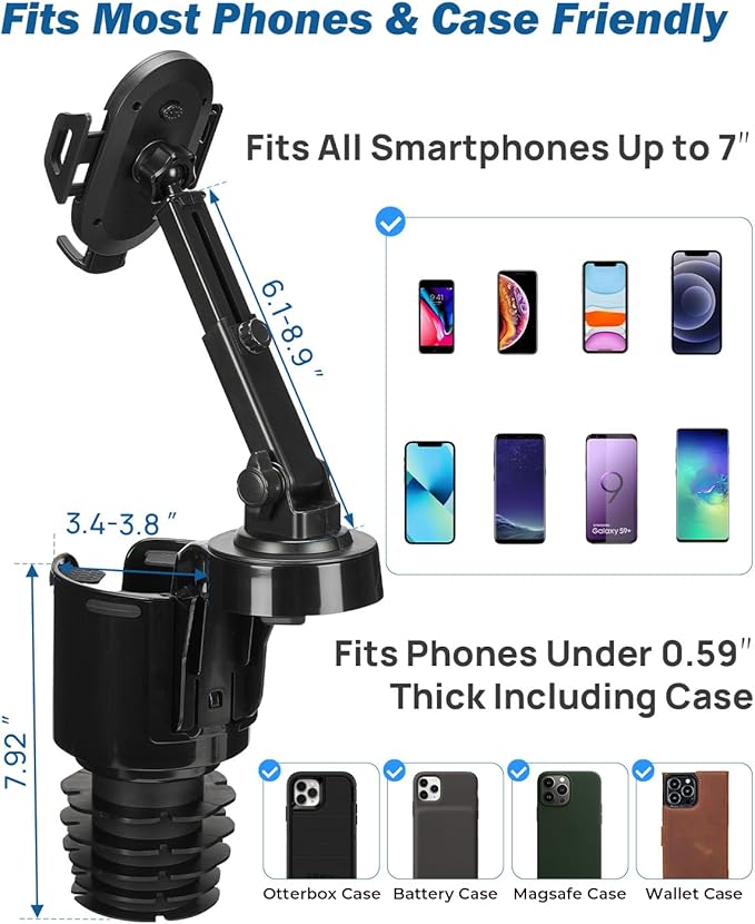 JOYTUTUS Cup Holder Phone Mount for Car, Car Cellphone Large Adapter Long Arm with 360 Degree Rotation, Compatible iPhone, Samsung & All Smartphones,Black,2 Pack
