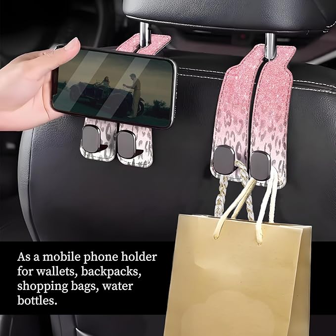 Car Seat Headrest Hook, Universal Leather Cute Hanger Holder Hook, Storage Organizer Interior Accessories for Purse Bags Handbag Pink Glitter Leopard