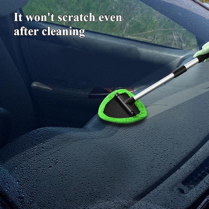 Windshield Cleaning Tool, Car Window Cleaner, Windshield Cleaner with 4 Washable Reusable Microfiber Pads and Extendable Handle, Auto Glass Wiper Cleaning Kit Universal for Car (Green)