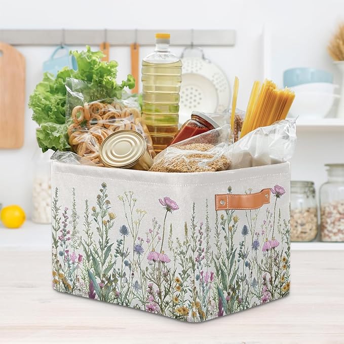 Wildflowers Plants Storage Baskets for Organizing, Fabric Collapsible Storage Bins Box Spring Esthetical Decorative Toy Organizer Baskets for Closet Shelves Gift Basket 2Pcs