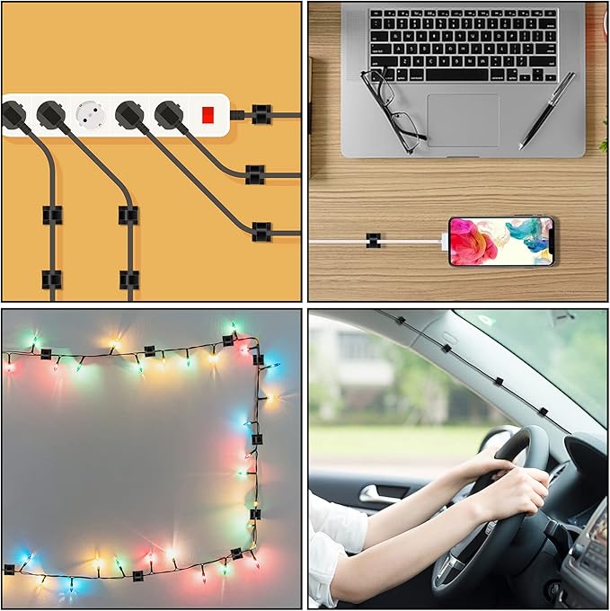130 Pcs Cable Clips, Adhesive Cable Organizer Cord Holder Wire Clip Wire Management Self Adhesive Hooks Wire Holder for Office, Home(Black, 130PCS-Large)