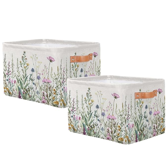 Wildflowers Plants Storage Baskets for Organizing, Fabric Collapsible Storage Bins Box Spring Esthetical Decorative Toy Organizer Baskets for Closet Shelves Gift Basket 2Pcs