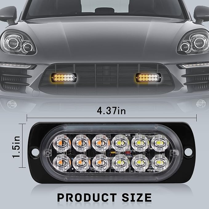 SEISSO 4-Pack 12 LED Amber Strobe Lights Vehicles Trucks Emergency Strobe Lights Kit 12V -24V Warning Hazard Flash Lights Bar Grill Grille Surface Mount Super Bright Waterproof, Amber/White