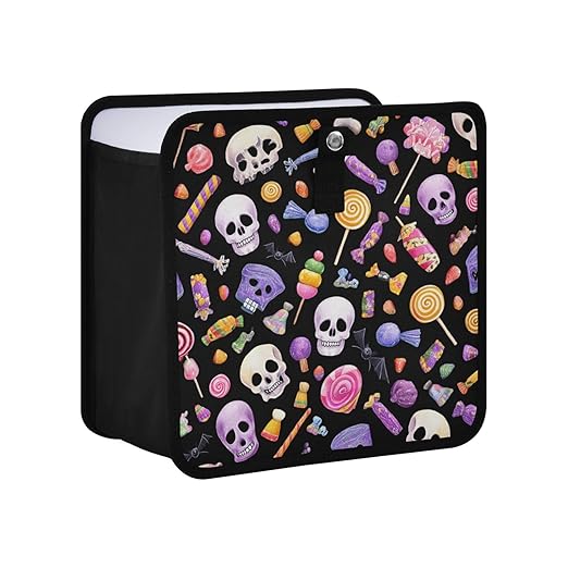 Car Trash Can Organizer Bin with Adjustable Strap for Back Front Seat Console Waterproof Leakproof Collapsible Portable 8.66 Inch Halloween Skulls Lollipops Candies