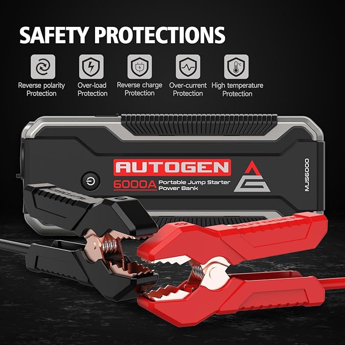 Car Jump Starter 6000A, AUTOGEN Portable Battery Jumper Starter All Gas and 10.0L Diesel Engine, Jump Start Battery Pack and Jump Box with 12V DC Output and EVA Case