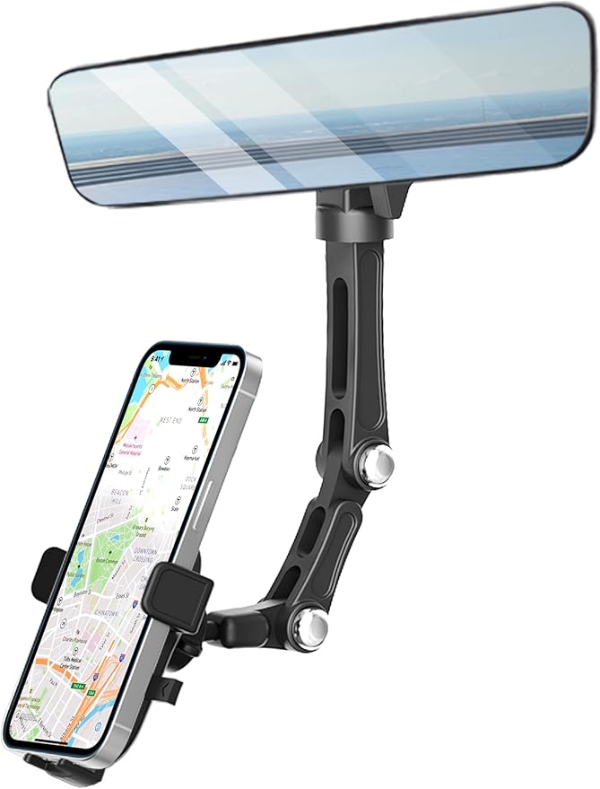 Karmus Rearview Mirror Phone Holder for Car, Rear View Mirror Phone Holder, Rotatable and Retractable Car Phone Holder Mount, Car Truck Essentials Accessories Compatible with All Cell Phones