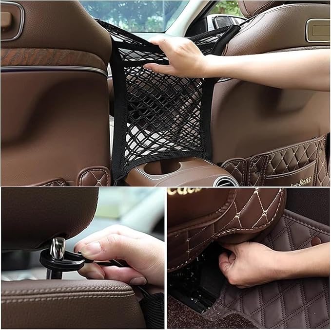 3-Layer Car Mesh Organizer, Seat Back Net Bag, Barrier of Backseat Pet Kids, Cargo Tissue Purse Holder, Driver Storage Netting Pouch（Upgrade Stretch Length）