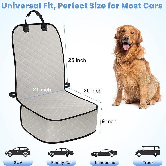 Dog Car Seat Covers, Waterproof Front Seat Cover for Dogs, Scratch-Proof, Nonslip Pet Passenger Seat Cover Protector, Universal Fit for Cars Trucks SUVs (Beige, Large Size)
