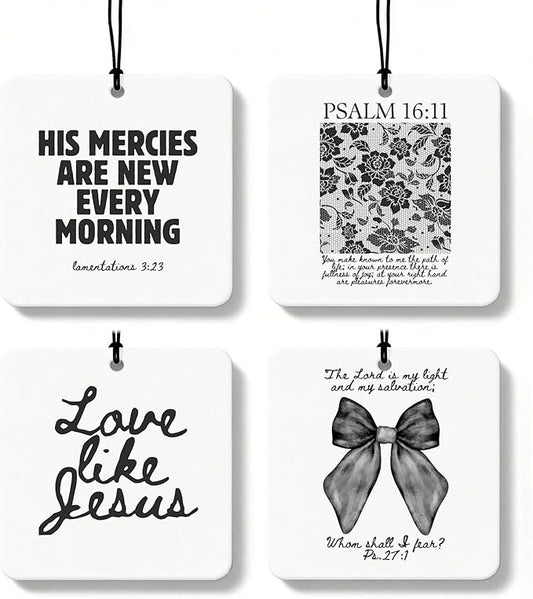 Black Christian Car Air Freshener 4 Pcs, Girly Black Bow Floral Religious Hanging Air Freshener for Cars Closet Drawer Books, Cute Preppy Christian Car Accessories Mirror Decor for Women