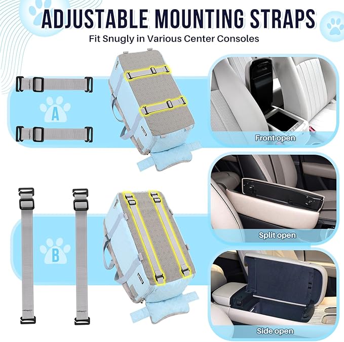 SlowTon Console Dog Car Seat - Portable Center Dog Car Seat for Small Dogs up to 9 lbs, Washable Pet Carseat with Soft Cushion Safe Protection Hooks & Storage Pocket, Blue