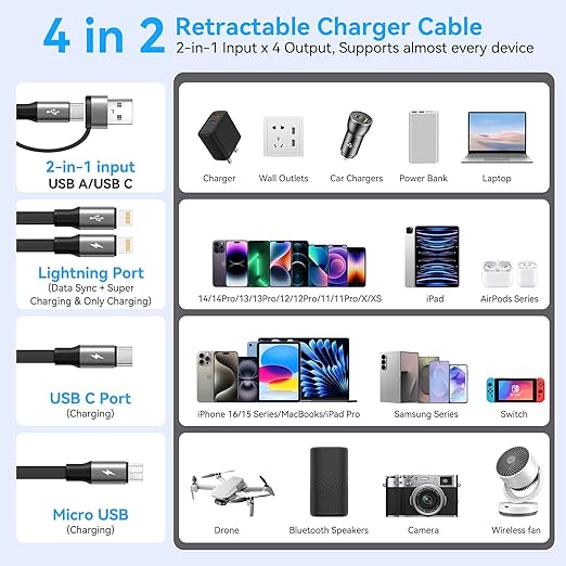 4 in 2 Retractable Charging Cable 4A,2Pack 4Ft Multi Chargers for All Devices,USBC Charging Cable with A/C to Type C/L/Micro USB Ports Universal Multiple USB Cable for iPhone Series/Samsung/Tablets/PS