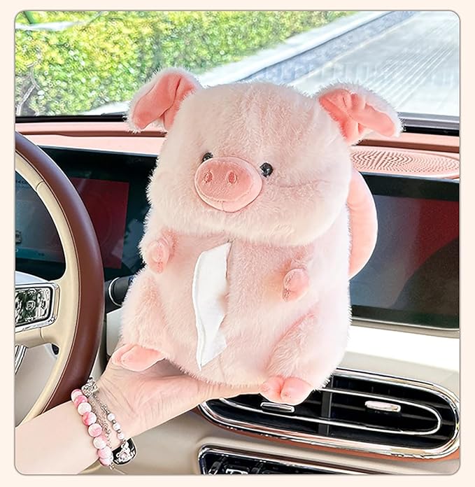 Tissue Box Cover Plush Tissue Box Holder for Car, Home, Decorative Holder/Organizer for Bathroom Vanity Countertop, Nightstands, Office Desk-Fuzzy Pig