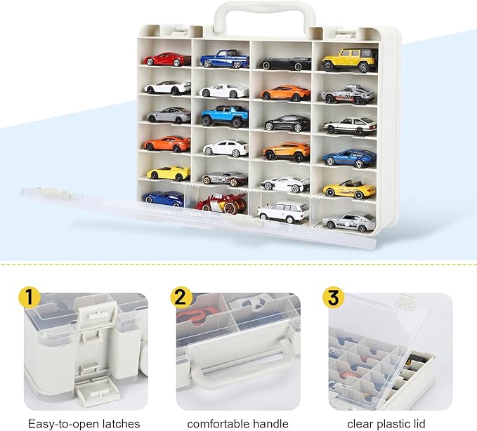 Storage Case for Hot Wheels - Carrying Display Case for 1/64 Scale Toy Cars, 48-Slot Double-Sided Transparent Organizer with Built-in Steps & Adjustable Dividers (2 Packs)