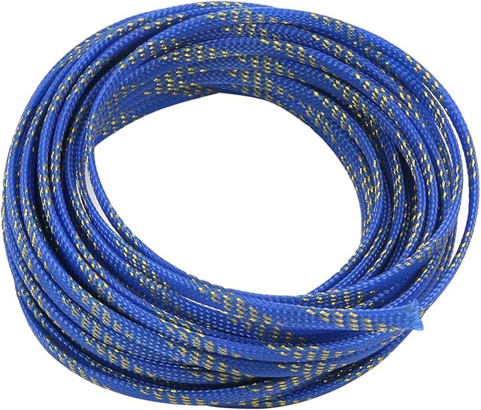 Aicosineg 32.81ft PET Flexible Braided Cable Sleeve 0.25inch Width Wire Loom Sleeving and Organizer Flexible Wire Mesh Sleeve Wrap Protector for TV Audio PC Cords from Pets Chewing Blue and Gold