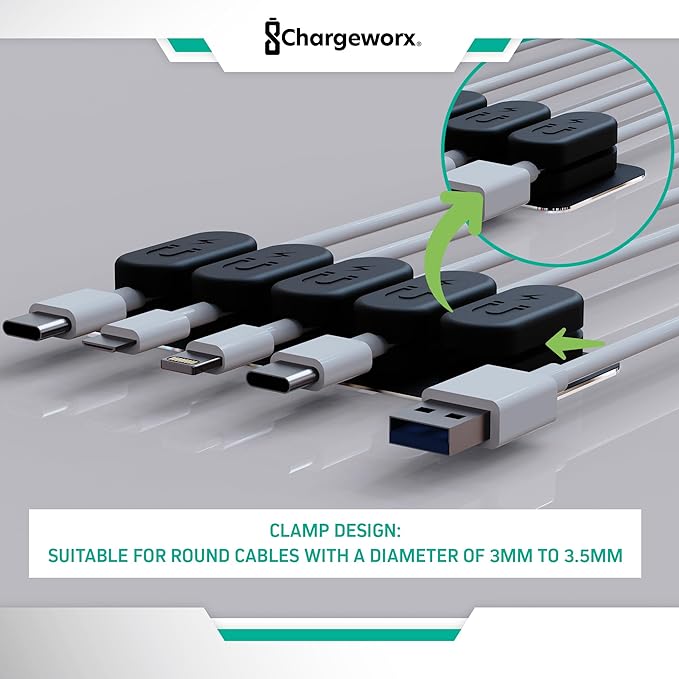 CHARGEWORX Magnetic Cable Clips 10-Pack – Adhesive Cord Organizer for Desk, Wall, Nightstand & Car – Magnetic Cable Holder for USB-C, Lightning, HDMI & Charging Cables – Cable Management Clips