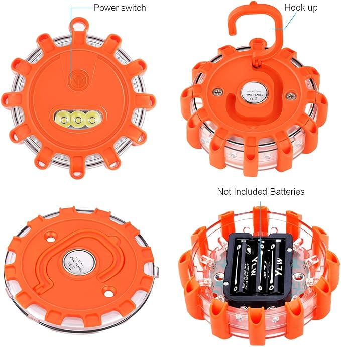 AK [8 Pack LED Road Flares Safety Flashing Warning Light Roadside Emergency Disc Beacon Kit for Vehicles Boats with Magnetic Base & Hook, Premium Storage Bag (Batteries Not Included) (8)