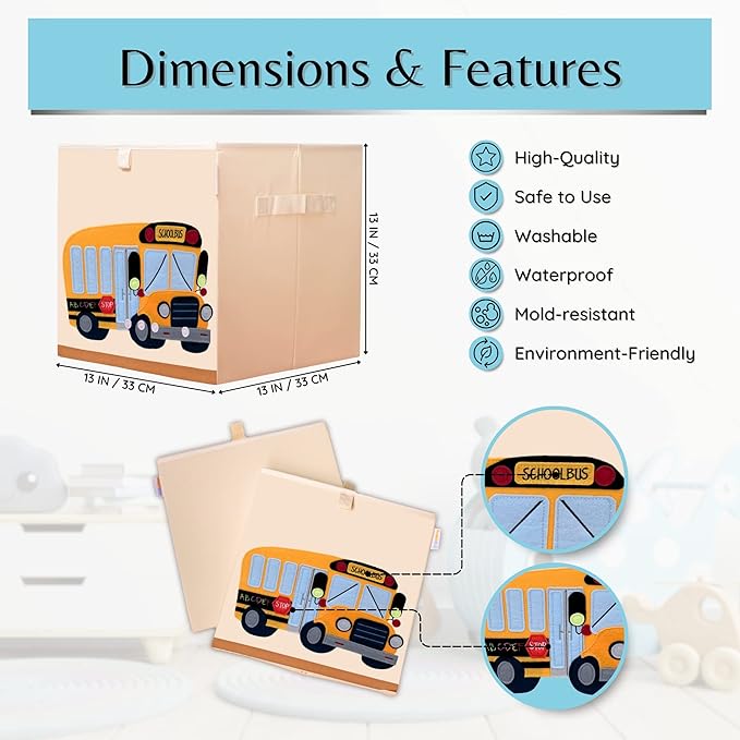 Washable Cube Storage Organizer Bins, Foldable Canvas Toy Organizers and Storage for Toys, Books, Clothes- Kids Storage Bins for Bedroom or Playroom -13x13x13 Inch (School Bus)