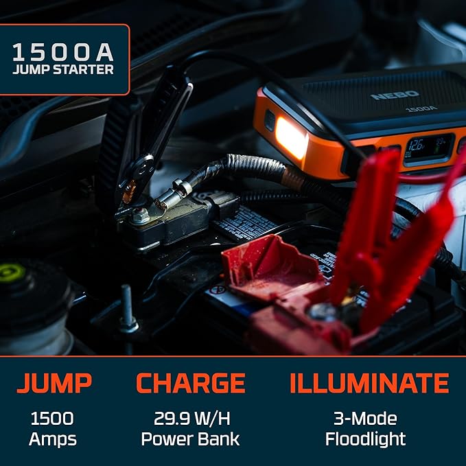 NEBO 1500A Jump Starter | 1500 Amps, 29.9Wh Power Supply, Portable Jump Box, Restarts 12V Trucks & SUVs Car Battery, Integrated Emergency Floodlight, USB Multi-Device Charging, Spark-Proof Safety