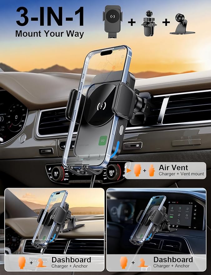 Wireless Car Charger, 15W Fast Charging [Auto Clamping] [Auto alignment] Phone Holders for Your Car Dashboard Windshield Air Vent Car Accessories for iPhone 17 16 15 14 13 12 Series, Samsung Galaxy