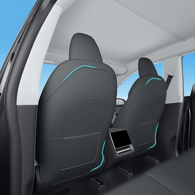 TOPABYTE Seat Back Kick Protector for Tesla Model Y Model 3 Model S Model X Leather Backseat Mats for Kids Wear-Resistant Back Seat Cover with Extra Organizer Pocket 2 PCS -Black