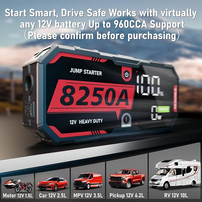8250A Jump Starter Heavy Duty Jumper Starter Portable Battery Pack (Up to 13L Gas / 10L Diesel), 24000mAh Power Bank, 12V Auto Car Truck Battery Booster Jump Box, 48-Months Stand-by Time